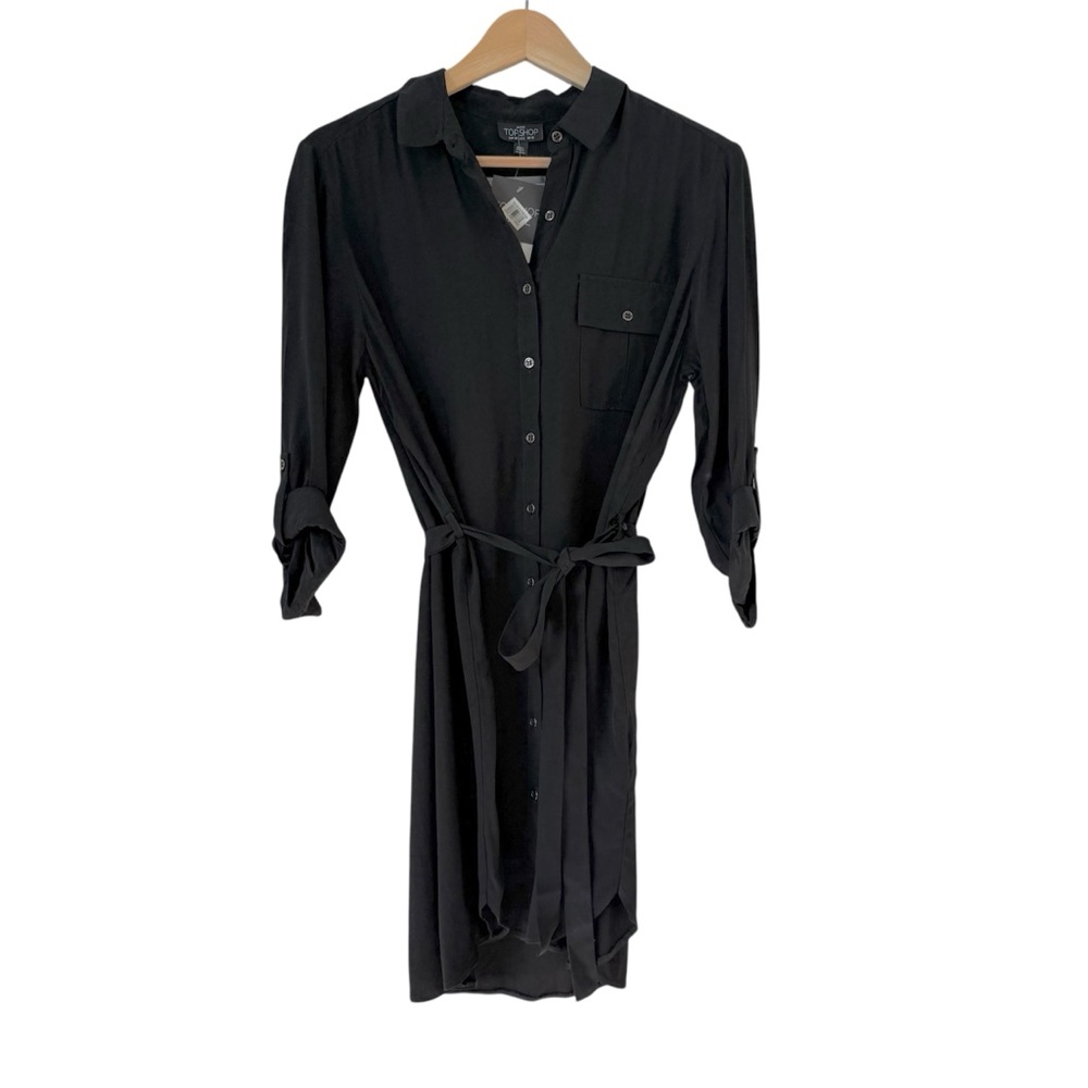 TopShop Mini ShirtDress Button Up Black Tie Waist 6 Petite